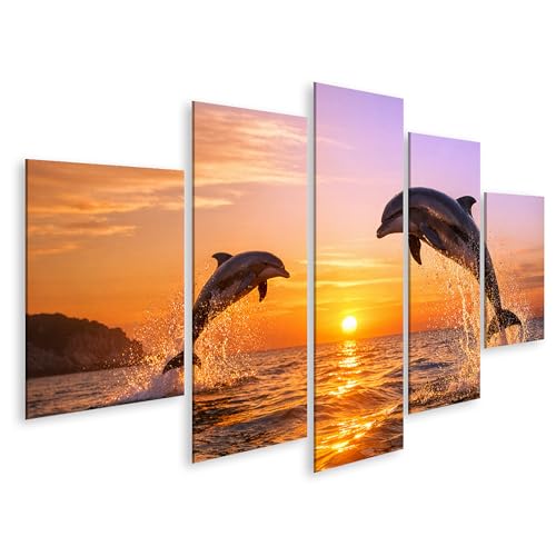 Tableau sur toile dauphins océan déco murale nature triptyque 5 panneaux grand format