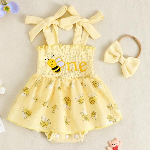 Baby Girl Cotton Linen Romper Dress 1st Birthday Clothes Letter Embroidery Sleeveless Smocked Onesie Shower Outfit2
