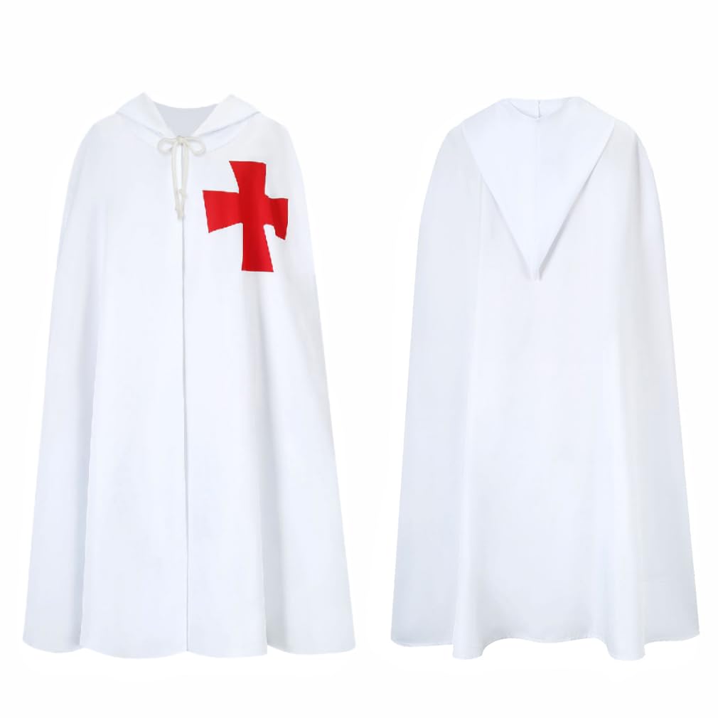 Costume de Chevalier Médiéval pour Homme Cape à Capuche Cape de Templier Vêtement Médiévale Manteau Cape de Temple Accessoire de Déguisement pour Halloween Cosplay Carnaval Fête