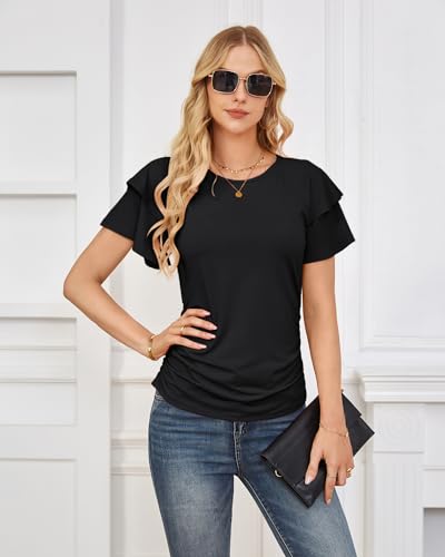 GRACE KARIN Women's Fall Tops Ruffle Sleeve Basic T Shirts Dressy Casual Ruched Work Blouses Trendy Clothes 2025 Summer2