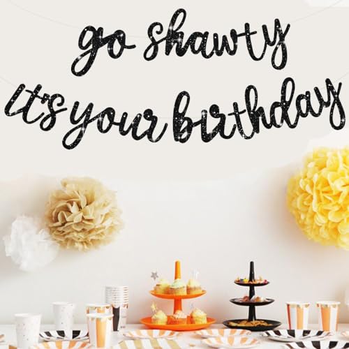 Image of BEISHIDA Go Shawty It's Your Birthday Banner NO DIY Hip Hop Theme Happy Birthday Banner Pre-Strung Rap Theme Happy Birthday Sign for Man Women birthday Party Supply Glitter Black