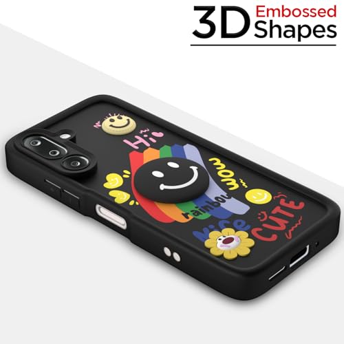 Image of Pikkme Back Cover for Samsung Galaxy M36 5G | Soft Silicone| Cute Rainbow Smile & 3D Cartoon Flower Design | Shockproof Raised Camera Protection Bumper Case (Black)