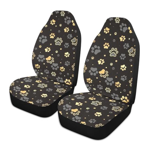 YINGQIGUAN 2 PCS Paw Print Car Seat Covers Abstract Dog Footprints Gold Paws and Stars Cute Animal Claws Vehicle Seat Protector Cushion Cover Universal Car Interior Accessories for SUV Truck Sedan