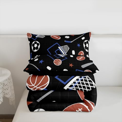 Image of Feelyou Ball Sport Comforter Set Queen Size Basketball Foorball Bedding Set for Kids Boys Girls Black Blue Duvet Quilt Sport Theme Bedroom Decor Microfiber 3 Pcs with 2 Pillow Cases