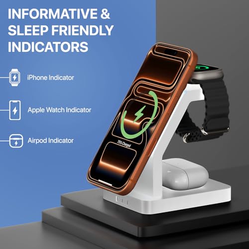Image of eller sante Combo 3in1 23W Magnetic Mag-Safe Wireless Charger with 20W Fast Charger Adapter for iPhone 17 /17 Air /17 Pro /17 Pro Max, 16 /16 Plus /16 Pro /16 Pro Max, 15 /14 /13 /12, Airpods, iWatch- White