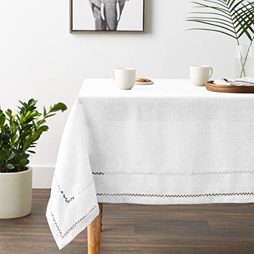 Violet Linen HEM STITCH WH-5 Stitch Embroidered Vintage Design Tablecloth White 68 Inch thumb #4
