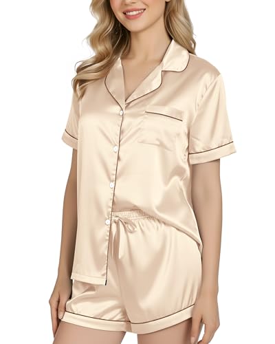 NY Threads Women\'s Silk Satin Pajamas Set Button Down Top and Shorts 2 Piece Sleepwear Loungewear Pjs Set, X Large, Beige