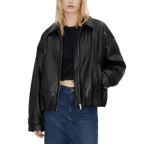 VKXJA Oversized Faux Leather Bomber Jacket for Women – Zip-Up