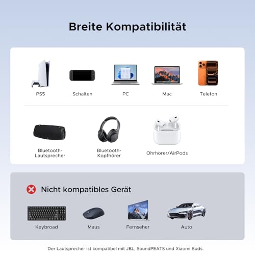 UGREEN LE Audio USB-C Bluetooth 6.0 Adapter Audioerlebnis mit geringer Latenz Dank 3 Bluetooth-Modi unterstützt den Eins-zu-Mehr-Übertragungsmodus für Computer und PS5-Spielkonsolen