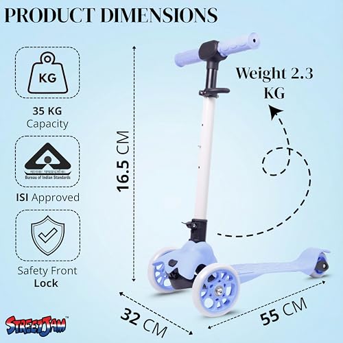 Image of STREETJAM Komiks Kids Kick Scooter for 3-12 Years, Tilt & Turn Safety Lock (1st Time in India), BIS Approved, Lean-to-Steer, Wide Deck, Adjustable Height, Up to 35 kg Load (Neon Blue with Grey)