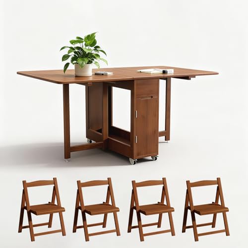 Folding Dining Table Set for 4, Collapsible Dinette with Storage and Wheels for Dining Room Apartment Living Room, Bamboo Multifunctional Drop Leaf Table for Small Space, No Assembly Required (Brown)