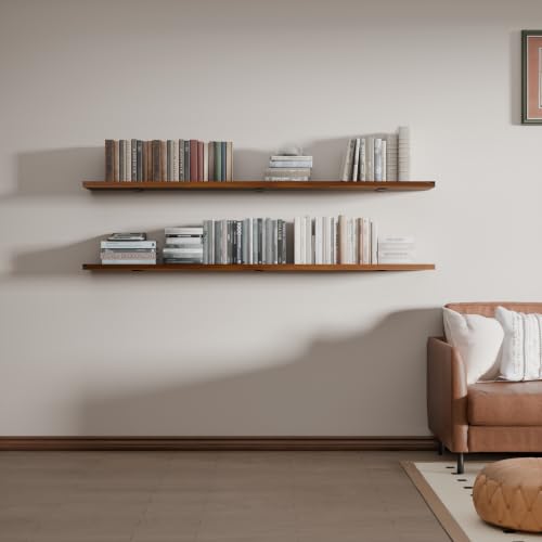 Image of 60 Inch Long Floating Shelf for Wall, 2 Tier Solid Wood Floating Book Shelf, Walnut Large Wall Shelf with Heavy Duty Brackets, Floating Bookshelf for Living Room