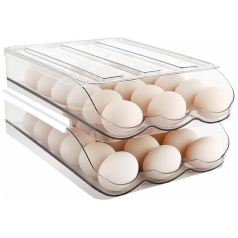 VLIKE Egg Holder for Fridge, Automatic Rolling Egg Organizer for Refrigerator, Clear Plastic Egg Dispenser & Tray (2 Tier) 36 Eggs Cover