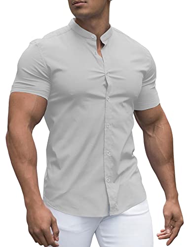 URRU Camisas de vestir para hombre, ajustadas, cuello elástico, manga corta, casual, con botones, gris claro, XL