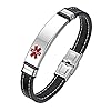 Flongo SOS Herren Armband Männer Armreif Lederarmband, Edelstahl Leder-Armband Kette Silber Schwarz Blau Braun Medical Alert ID SOS Notfall Medizinische Marke Herren-Accessoires Kostenlose Gravur