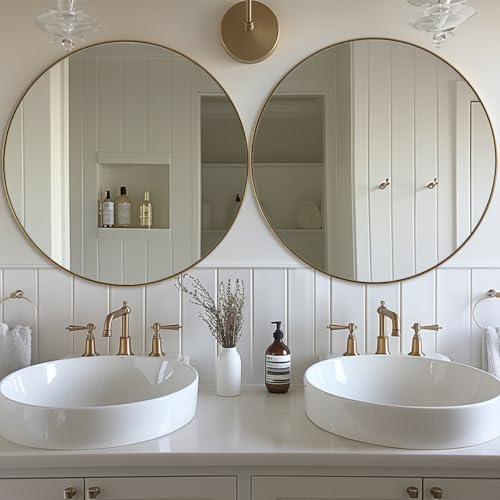 Image of ANDY STAR Gold Round Mirror, Large Brushed Gold Round Bathroom Mirror, Brass Circle Mirror 32 inch, Modern Vanity Mirror in Stainless Steel Metal Frame for Home Decor, Entryway, Living Room