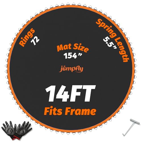 Jumpfly 14FT Replacement Trampoline Mat - Fits 14 FT Round Frame, 72 V-Hooks for 5.5 Inch Springs - 150" Premium Bounce Pad, Heavy Duty UV-Resistant Jumping Mat with Hook Tool & Gloves (No Patterns) by jumpfly - Used condition - US$40.19