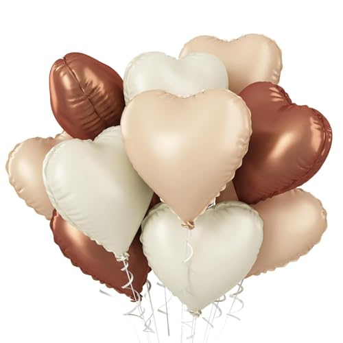 CIFZEX - 18Pcs Brown Apricot Heart Balloons, Coffee Cream Beige Foil Heart Shape Balloons, 18inch Nude Neutral Foil Balloons for Helium Valentines Decorations for Engagement, Brithday, Baby Shower, Wedding