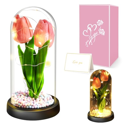 Touloube Muttertagsgeschenk für Frauen, Forever Tulip Künstliche Tulpen, Ewige Infinity Blumen im Glas, Künstliche Blumen Geschenke für Frau Freundin Mama Oma, Jahrestag, Rosa