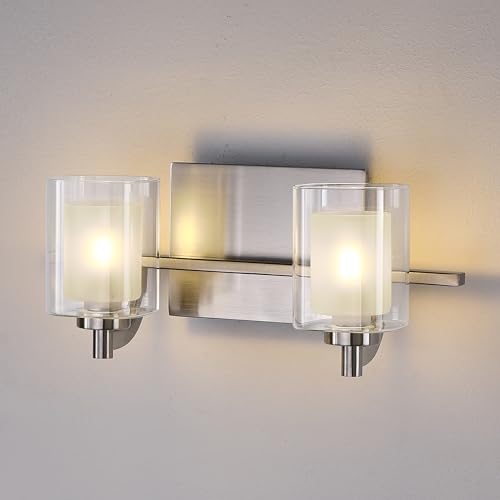 Image of 13 inch Clear Frosted Glass Bathroom Modern Wall Sconce Fixture for Bedroom Hallway Bedside 2 Light Brushed Nickel Wall Sconce
