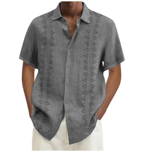 HUOQI Camisa informal de manga curta para homem com botões, praia/verão para homem, camisas de tamanho grande, cinzento, 3XL