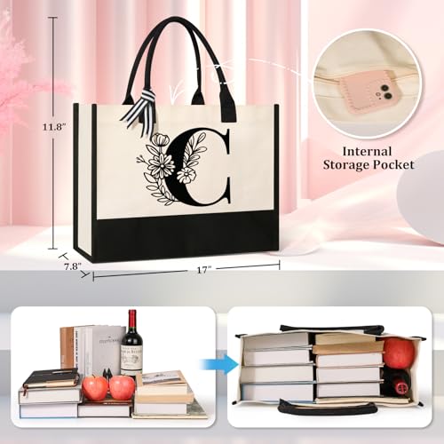 Image of Tecanne Personalized Initial Canvas Tote Bag, Suitable for Birthday, Wedding, Beach, Holiday, Gifts for Women, Mom, Teachers, Nurses, Best Friends, Bridesmaids (C)