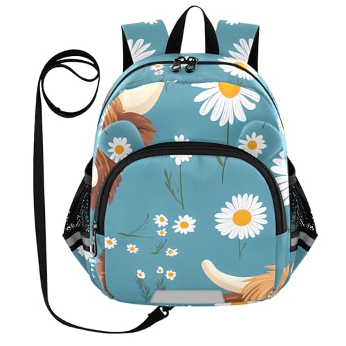 Kid's Backpack for Boys & Girls Toddler Bag Highland Cattle Daisy Pattern Backpack with Safety Leash