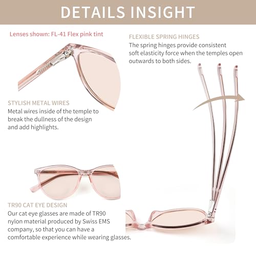 Image of Indoor FL-Flex Fluorescent-41 Light Pink Tinted Blue Light Blocking Glasses Cat Eye Migraine Light Sensitivity Glasses Photophobia Fluorescent LED Glare Women AB3311(Pink Frame Light Rose Lens)
