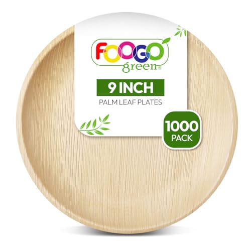 FOOGO Green 1000 Platos Desechables de Hoja de Palma, 23 cm, Redondos Grandes, Biodegradables, Compostables, Como Platos de Madera, Bambú, Papel, para Comida Caliente, Bodas, Picnics, Fiestas