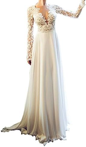 Topashe Women's Boho Beach Lace Long Sleeve Backless Chiffon Western Wedding Dress for Bridal 2018 US4 White