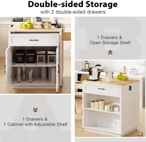 Kitchen Island with Extendable Dining, 82.7" Mobile Kitchen Storage Islands with Double-sized Storage, Rolling Kitchen Cart with Power Outlet, Cabinet & 2 Drawers & 2 Side Open Shelves (White)