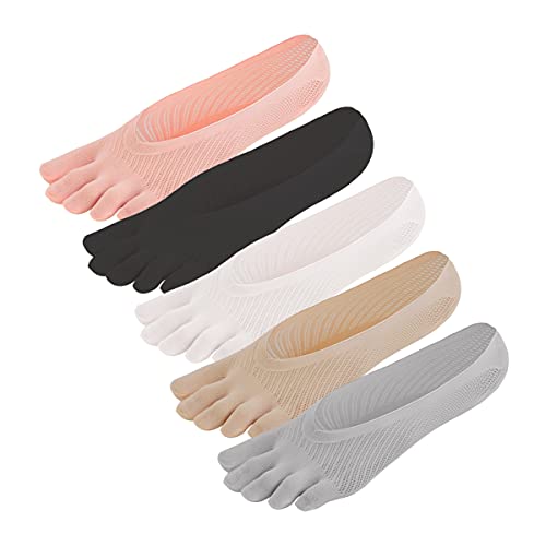 Auptiz 5 Pairs Women's Girls' Five Toe Socks Novelty Ultra-Thin, Invisible Non-Slip with Gel Tab Breathable, Soft Anti-Bacterial Deodorant Sweat Absorption ( 5 Colors)