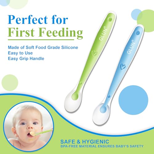 Image of GLUN Baby Feeding Spoons Pack of 2 Green & Blue Colour, BPA Free, Feeding for Baby, Toddlers, & Children, Silicone Spoon