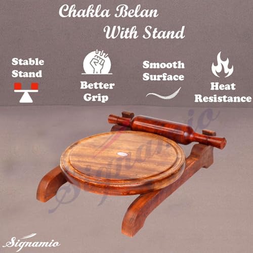Image of SIGNAMIO Wooden Chakla Belan Set for Kitchen - Roti Maker with Rolling Pin and Board Stand - Perfect Chapati Rolling Board and Polpat Latna for Effortless Roti and Chapati Preparation