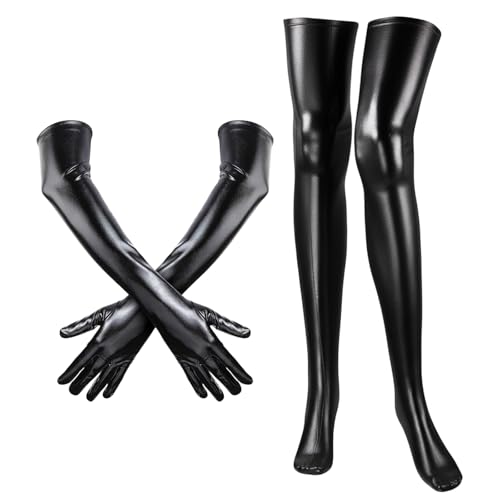 MmotZsb Latex Strümpfe Overknee, Schwarz Handschuhe, Glänzend Halterlose Strümpfe Leder, Lange Handschuhes für Damen, Halloween Kostüme, Party...