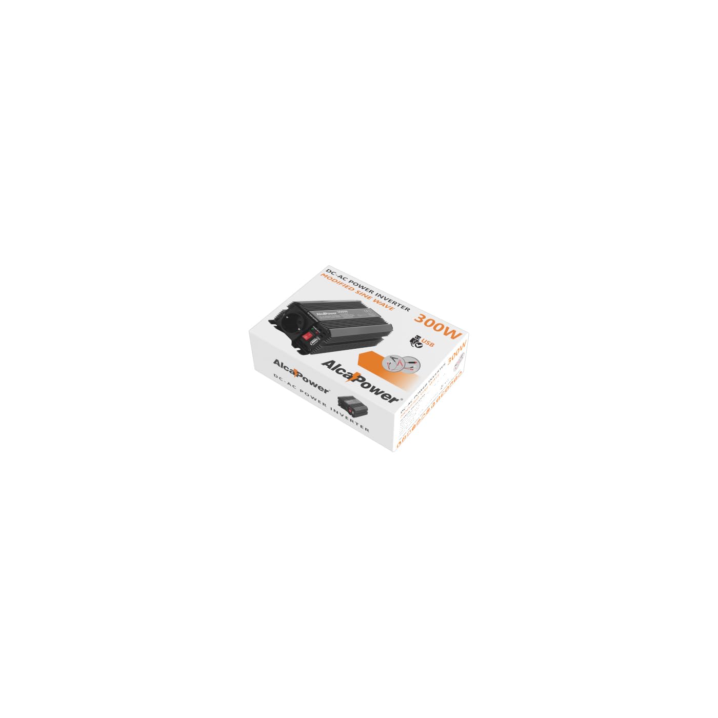ALCAPOWER Inverter di Tensione Alimentatore by President 300W 12V, Uscita 230V, Onda sinusoidale modificata, Presa USB 5V 500mAh, con Pinza di Alimentazione e Presa accendisigari Inclusa