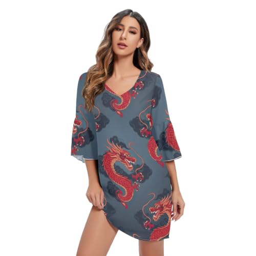 Robe d'été à col en V Red Dragons Nuages avec manches 3/4