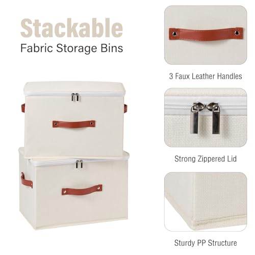 Image of 3PCS Storage Bins Boxes with Zippered Lids Cotton Linen Fabric Decorative Basket PU Leather Handles PP Plastic Board Foldable Lidded Clothing Shelf Closet Organizer Container (Beige, Large)