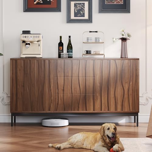 Merax Sideboard Cabinet 150cm,Kitchen Storage Cabinet,Hallway Sideboard,Dark Oak Effect Sideboard with 3 Drawers & Adjustable Shelves,150 * 40 * 80cm - Image 3