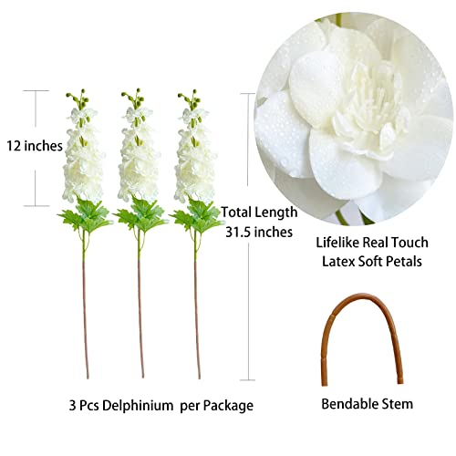 YalzoneMet 3 Pcs White Delphinium Artificial Flower, Real Touch Latex Delphinium Flower, Big 31.5\'\' Long Stem Lifelike Fake Silk Larkspur for Home Outdoor Wedding Flora Table Centerpiece - Thumbnail 5