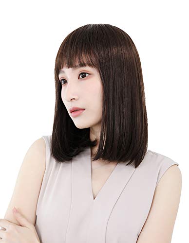 HIYE ウィッグ ボブ 人毛100% フルウィッグ 超リアル つむじ 女性用 かつら 医療用 前髪 自然 通気 (分け目シルクスキン(40cmチョコレートブラウン))