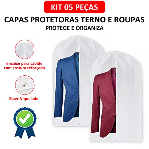 Kit 5 Capa Para Terno Protetor de Roupa Jaqueta Vestido Com Zíper TNT Impermeável Branco