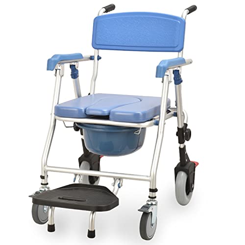 WWWASASA Silla de ruedas plegable, silla de ruedas con ruedas, impermeable, silla de transporte para ducha con ruedas de bloqueo y asiento acolchado, WC