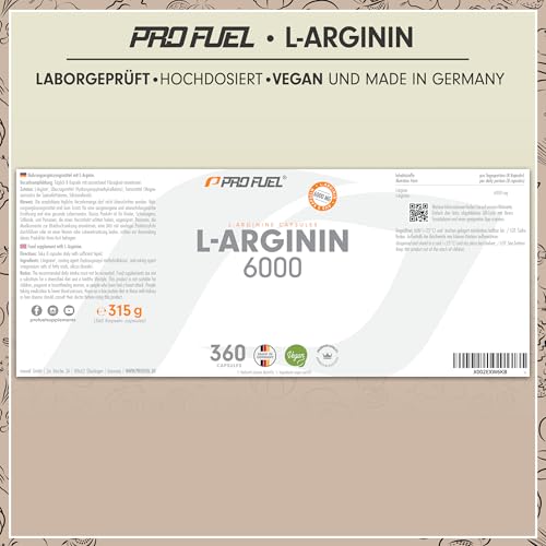 L-Arginin 360 Kapseln vegan - mit 6000 mg hochwertigem L-Arginin aus Fermentation (davon 6000 mg reines L-Arginin) je Tagesdosis - L-Arginin in Base-Form - laborgeprüft mit Zertifikat - vegan