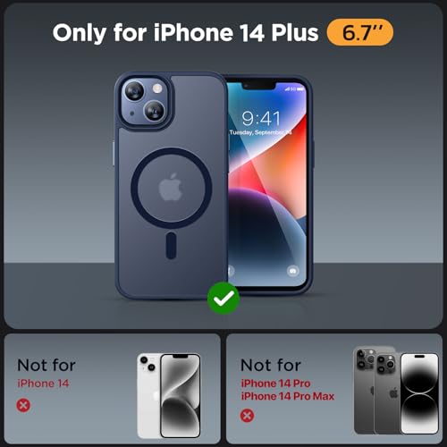 Image of Miracase Magnetic for iPhone 14 Plus Case 6.7 inch (Compatible with MagSafe)(with 2X Screen Protectors) Military-Grade Protection, Anti-Fingerprint Translucent Matte Phone Case Cover, Dark Blue