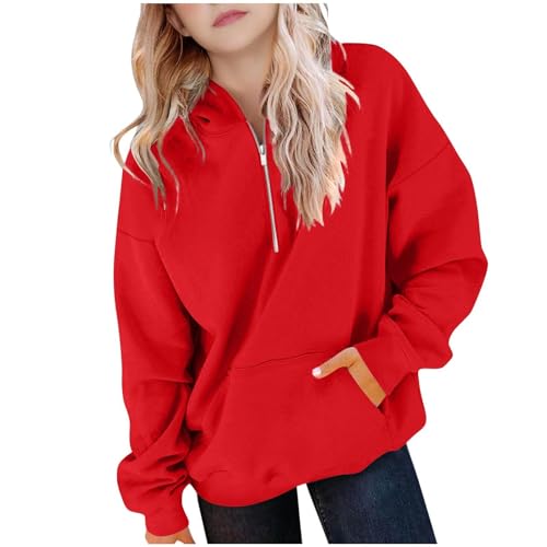 Ooikoifa Girls Cropped Hoodie Girls Quarter Zip Pullover Cute Oversized Sweatshirt Jackets with Pockets 10 Capsule Wardrobe Pieces Sudaderas Con Capucha Red