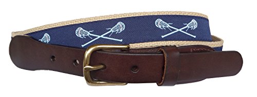 Mens Light Blue Lacrosse on Navy Ribbon and Khaki Leather Belt, Leather Tab and Buckle, Carolina Lacrosse Leather Belt