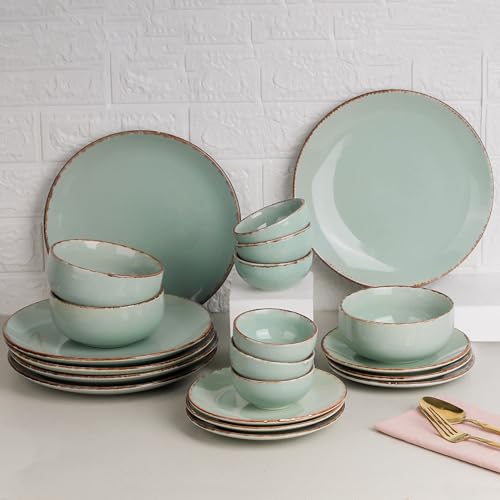 Image of The Earth Store Handcrafted Glossy Mint Marble Ceramic Dinner Set, 21 Pieces Serving for 6, Microwave and Dishwasher Safe, Bone-Ash Free, Crockery Set for Dining and Gifting