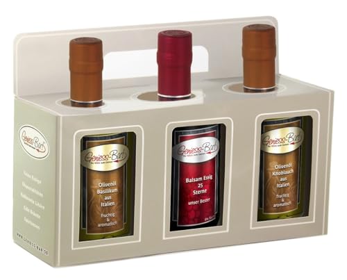 Essig & Öl Geschenk Box 3x0,5L in premium Qualität Olivenöl Basilikum/Aceto 25 Sterne/Knoblauch