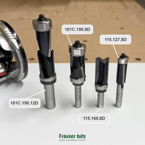 Fraiser Bündigfräser mit oberem Kugellager – 2 gerade Schneiden aus Hartmetall, Schneiddurchmesser 12,7mm, Schneidhöhe 25mm, Schaft 8mm – für Oberfräse und Kantenfräse